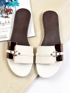 Street Style Store Women White & Bronze-Toned Colourblocked Open Toe Flats