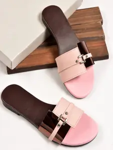 Street Style Store Women Pink & Bronze-Toned Colourblocked Open Toe Flats