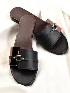 Street Style Store Women Black & Bronze-Toned Colourblocked Open Toe Flats