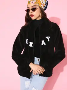 Kook N Keech Women Stylish Black Typography Faux Fur Sweatshirt