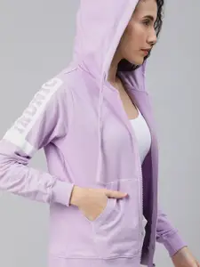 Kook N Keech Women Lavender Solid Hooded Sweatshirt with Printed Sleeves