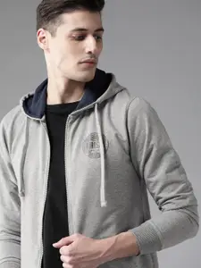 Roadster Men Grey Melange Solid Hooded Sweatshirt