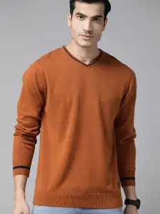Roadster Men Rust Brown Solid Pullover Sweater