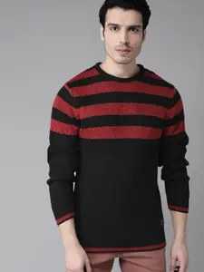 Roadster Men Black & Red Striped Pullover Acrylic Sweater
