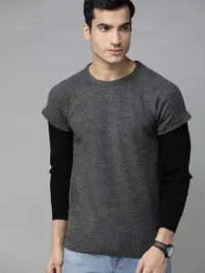 Roadster Men Charcoal Grey Solid Acrylic Pullover Sweater