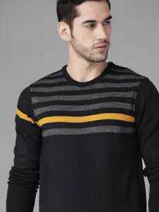 Roadster Men Navy & Charcoal Grey Striped Acrylic Sweater