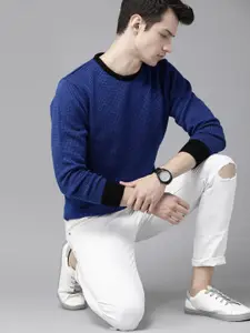 Roadster Men Blue & Black Self-Design Acrylic Pullover Sweater