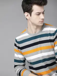 Roadster Men Grey Melange & Black Striped Pullover Sweater