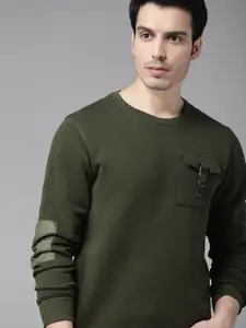 Roadster Men Olive Green Solid Sweatshirt