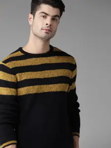 Roadster Men Navy Blue & Mustard Yellow Striped Pullover Sweater