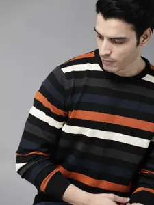 Roadster Men Black & Orange Striped Pullover Sweater