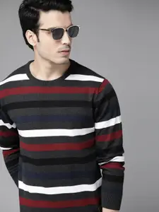 Roadster Men Charcoal Grey & White Striped Pullover Sweater