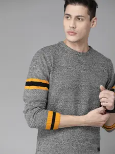 Roadster Men Charcoal Grey & White Self Design Pullover Sweater