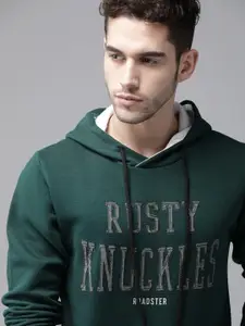Roadster Men Green & Charcoal Grey Typography Print Hooded Sweatshirt
