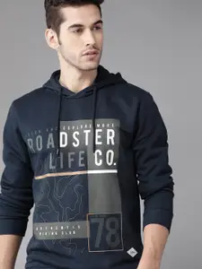 Roadster Men Navy Blue & Charcoal Grey Printed Hooded Sweatshirt