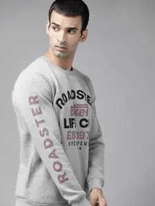 Roadster Men Grey Melange & Black Printed & Applique Cotton Sweatshirt