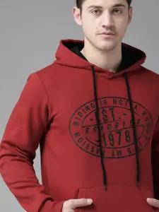 Roadster Men Rust Red & Black Printed Hooded Sweatshirt