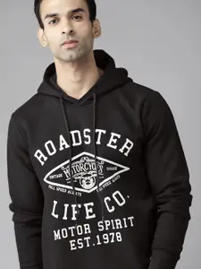 Roadster Men Black & White Brand Logo Print Hooded Sweatshirt