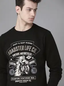 Roadster Men Black & White Typography Print Sweatshirt