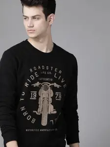 Roadster Men Black & Beige Alphanumeric & Graphic Print Sweatshirt
