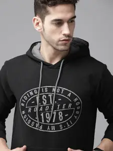Roadster Men Black & Charcoal Grey Brand Logo Print Hooded Sweatshirt