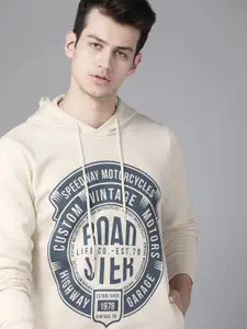 Roadster Men Cream-Coloured & Navy Blue Printed Hooded Sweatshirt