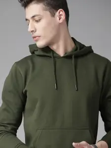 Roadster Men Olive Green Solid Hooded Sweatshirt