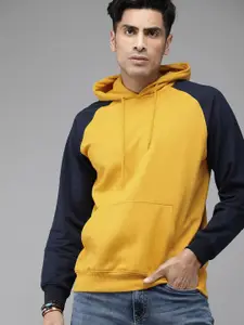 Roadster Men Mustard Yellow Solid Hooded Contrast Sleeve Sweatshirt