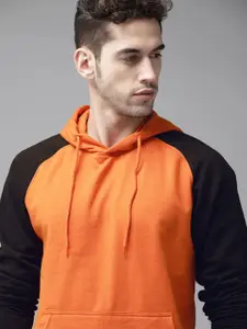 Roadster Men Orange & Black Solid Hooded Sweatshirt