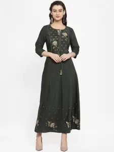ANAISA Women Olive Green Embroidered Maxi Dress