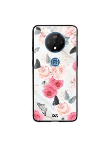 DailyObjects Off-White & Pink Flowers Marble OnePlus 7T Glass Mobile Case
