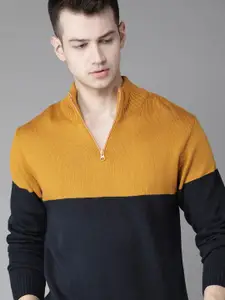 Roadster Men Navy Blue & Mustard Yellow Colourblocked Acrylic Sweater