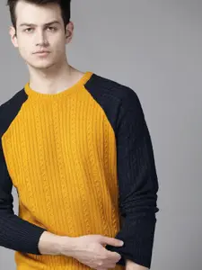 Roadster Men Mustard Yellow & Navy Blue Cable Knitted Pullover