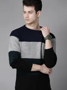 Roadster Men Blue & Grey Colourblocked Pullover Sweater