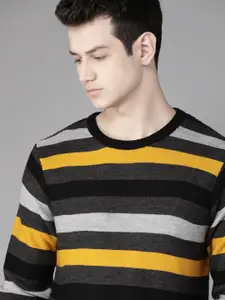 Roadster Men Black and Yellow Striped Acrylic Sweater