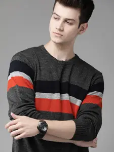 Roadster Men Charcoal Grey & Red Striped Pullover