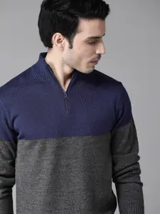 Roadster Men Charcoal Grey & Navy Blue Colourblocked Acrylic Sweater