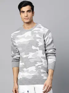 Roadster Men Grey Melange & White Camouflage Self Design Pullover Sweater