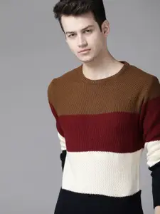 Roadster Men Brown & Maroon Colourblocked Acrylic Pullover