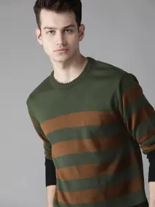 Roadster Men Green & Mustard Brown Striped Pullover Sweater