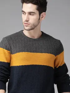 Roadster Men Navy Blue & mustard Yellow Colourblocked Pullover Sweater
