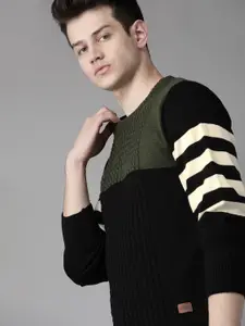Roadster Men Olive Green & Black Colourblocked Pullover Sweater