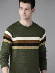 Roadster Men Olive Green & Off-White Striped Pullover Sweater