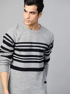Roadster Men Grey & Navy Blue Striped Pullover Sweater