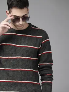 Roadster Men Charcoal Grey & Red Striped Acrylic Sweater
