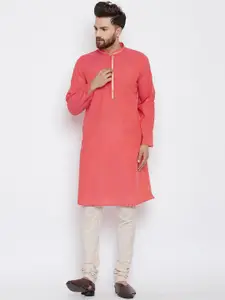 even Men Coral Pink Solid Straight Kurta