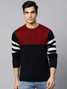 Roadster Men Navy Blue & Maroon Colourblocked Cable Knit Pullover Sweater