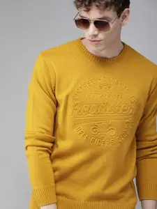 Roadster Men Mustard Yellow Self Design Pullover Sweater