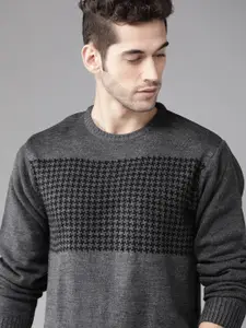 Roadster Men Charcoal Grey & Black Houndstooth Self Design Pullover