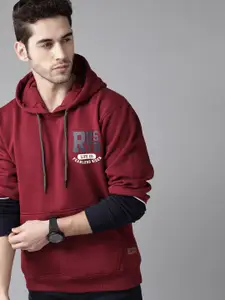Roadster Men Maroon Solid Hooded Sweatshirt with Printed Detail